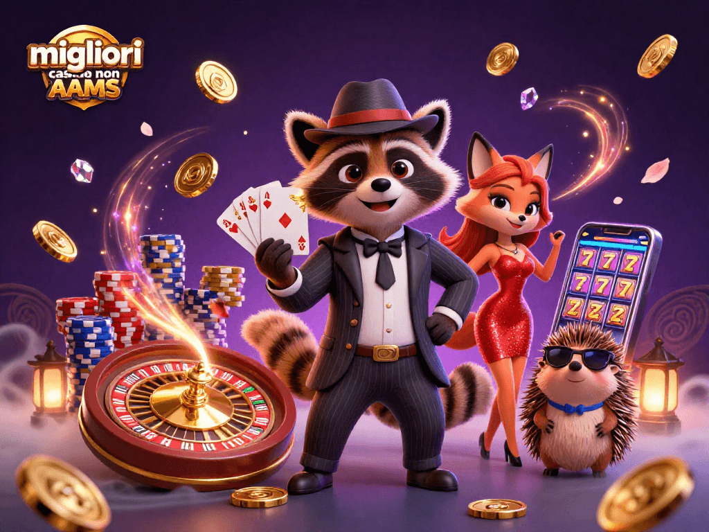 Gioca nei migliori casino non AAMS con un procione elegante, una volpe e un riccio buttafuori nel ricco ambiente del casinò.