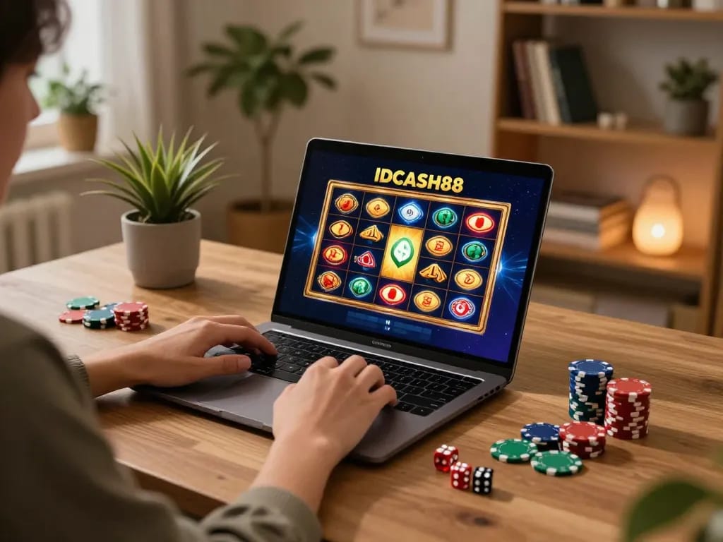 IDCASH88 Slot gameplay displayed on laptop screen, showcasing strategic play in a comfortable home setting