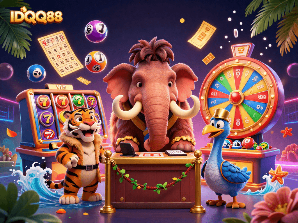 IDQQ88 showcases a vibrant scene with a woolly mammoth bouncer, saber-tooth tiger VIP, and dynamic casino elements.