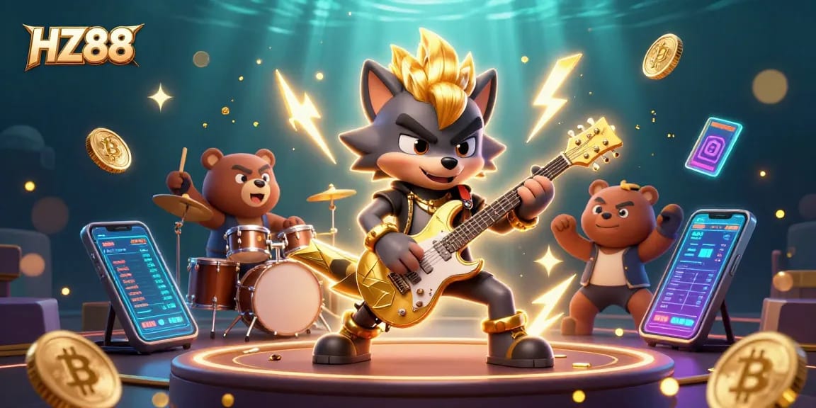 Experience HZ88 gaming excitement with rock star characters in a vibrant casino scene.