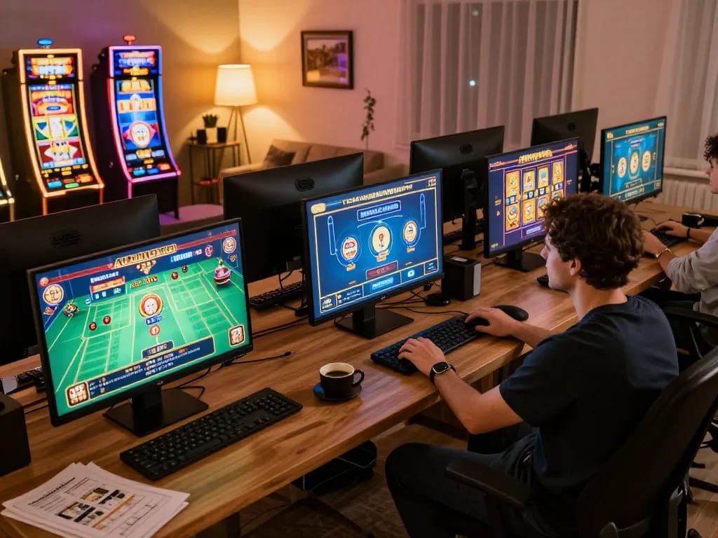 Player enjoying an exciting ALO8 online casino game on multiple screens in a cozy home setting