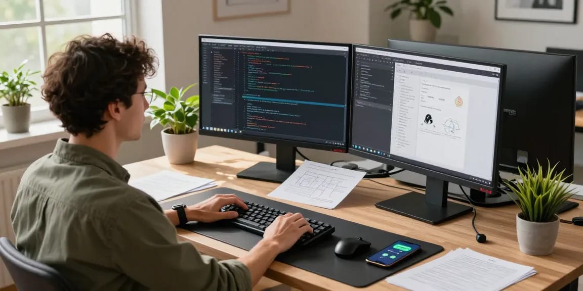 Engaged professional using WhatsApp電腦版 on dual monitors in a modern workspace