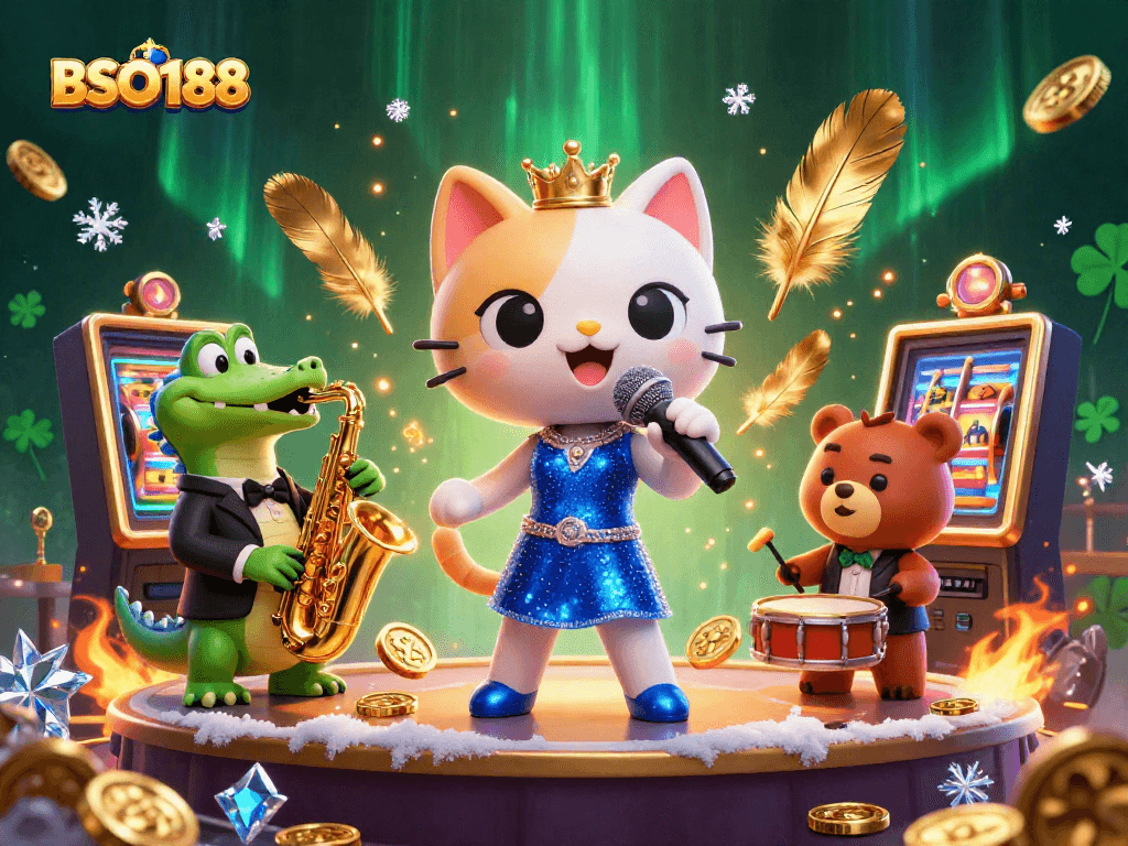 BSO188 showcases a vibrant scene with animated casino characters amidst dynamic gaming elements.