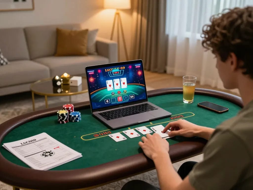 Người chơi LUCK8 tham gia vào trò chơi blackjack trực tuyến với đồ họa sống động và không gian ấm cúng tại nhà.