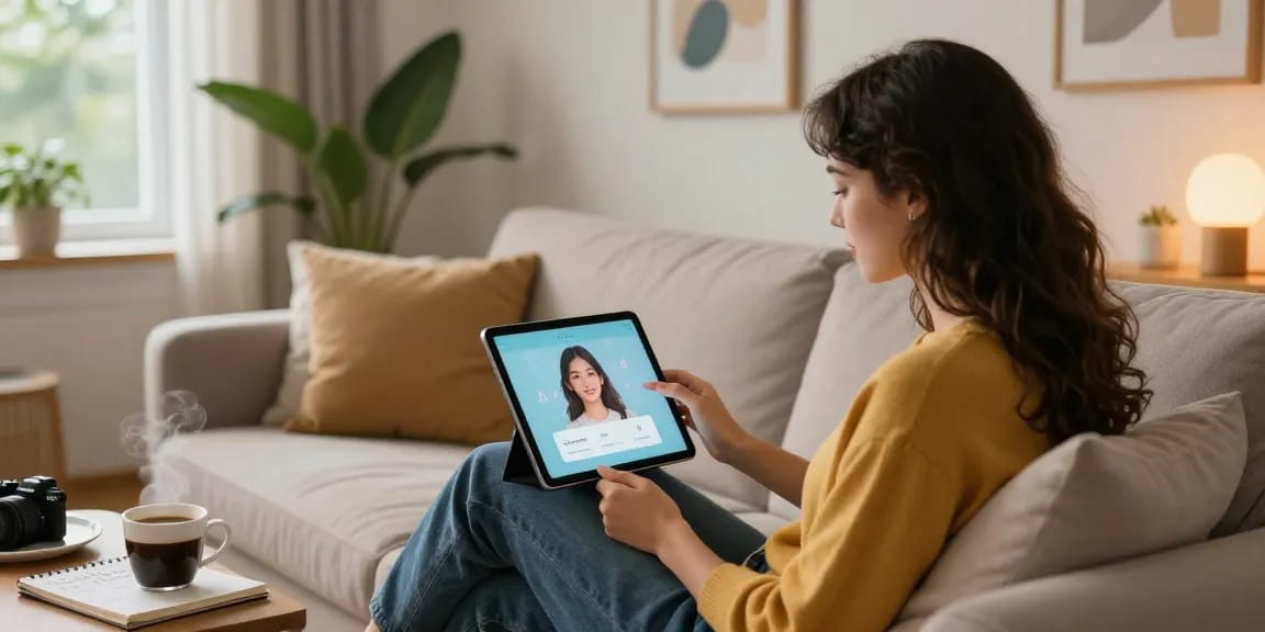 Engaging with an ai gf app in a cozy living area with warm lighting.