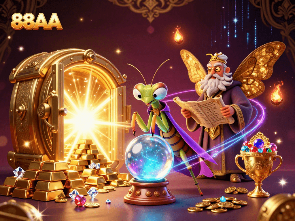 Engage with 88AA's vibrant 3D casino scene featuring mystical fortune tellers and treasure elements.