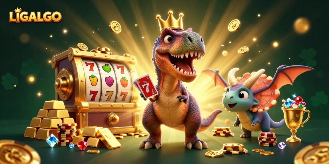LIGALGO slots scene featuring a T-Rex shuffling cards, enhanced with sparkling treasures.