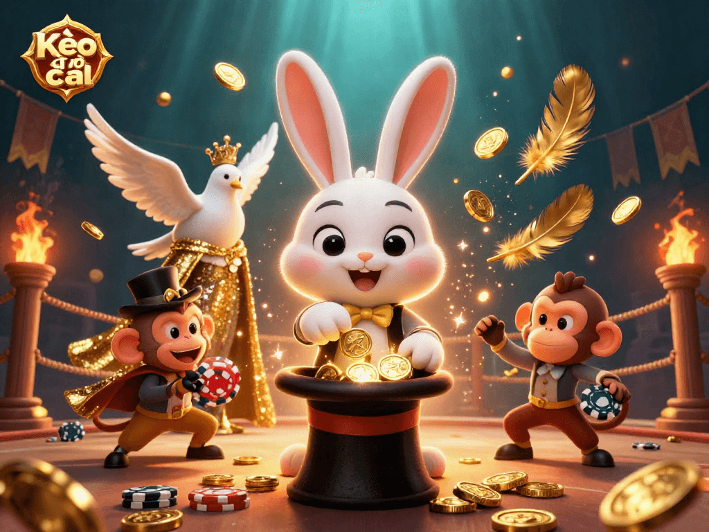 Kèo nhà cái showcases a 3D magician rabbit pulling coins, thrilling players with casino excitement.