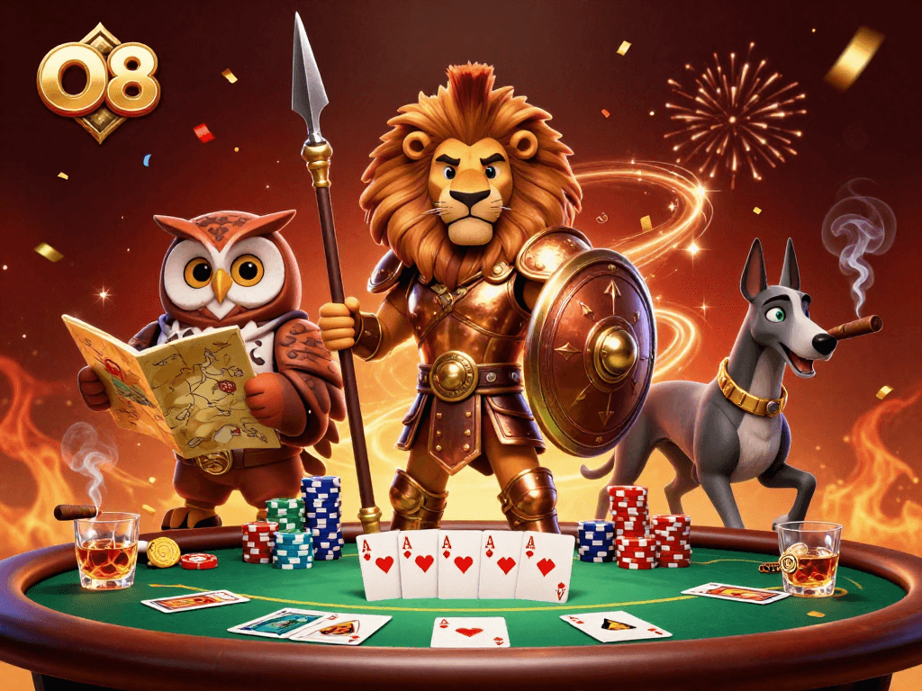 Experience strategic poker action with O8's immersive casino scene featuring a Spartan lion and tactical owl.