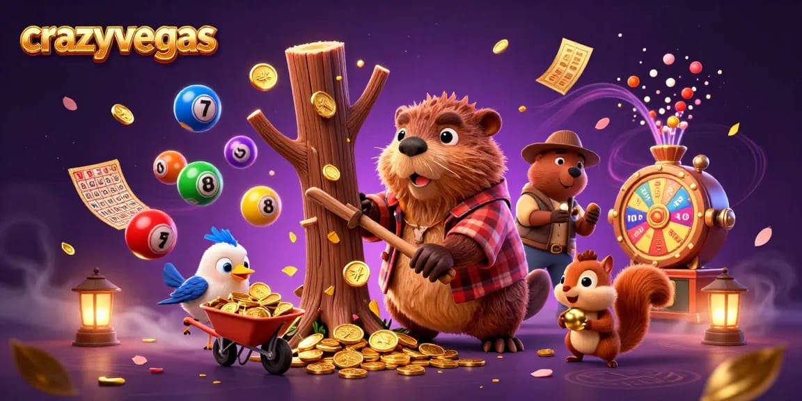 Experience the thrill of crazyvegas with vibrant action of characters collecting coins in a magical casino scene.