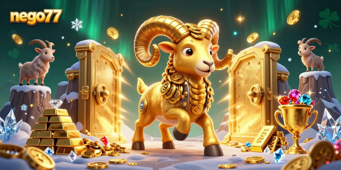 Experience thrilling games at nego77 with an ultra-detailed scene featuring a golden ram and treasures.
