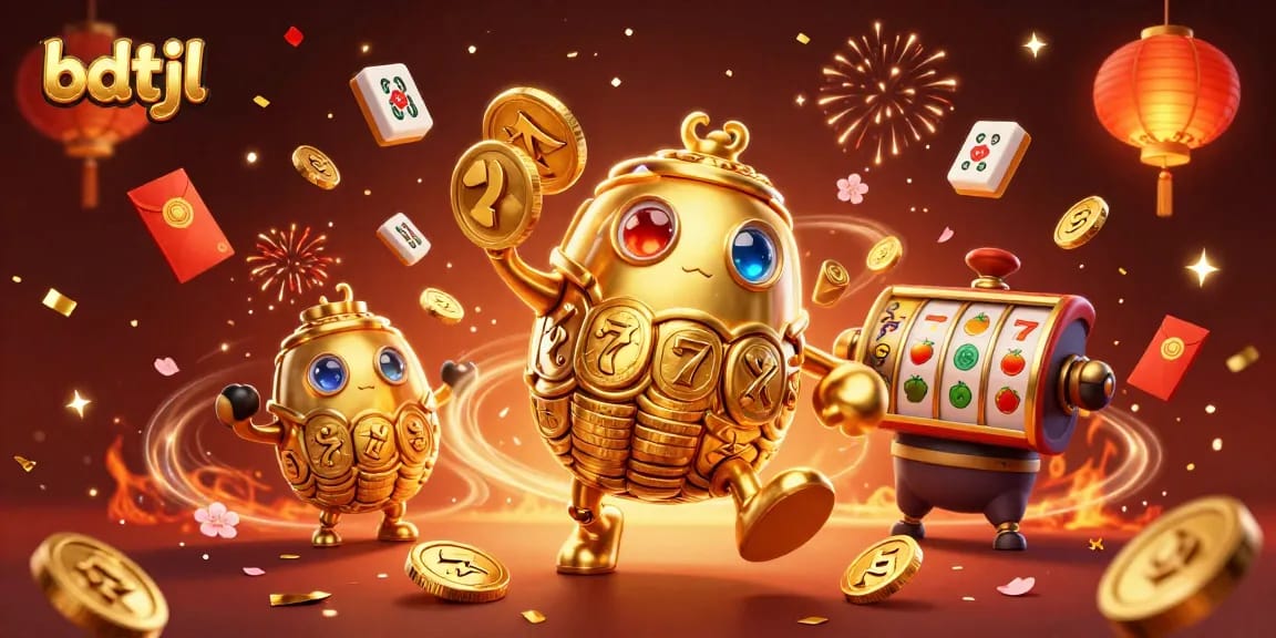Engage in thrilling gameplay with bdtjl's 3D casino, featuring golden golem and festive elements.