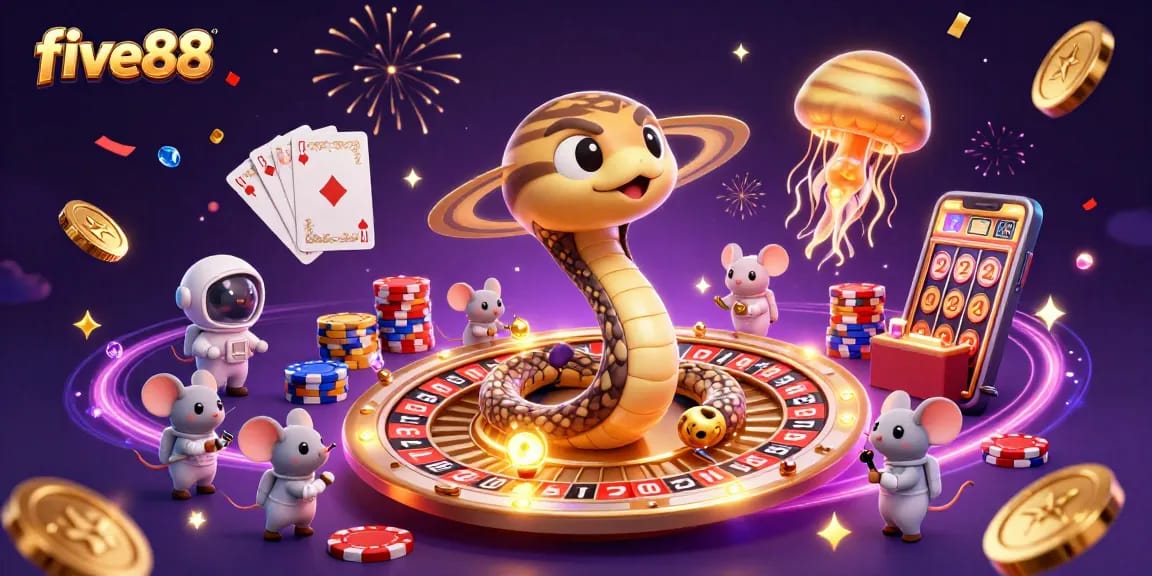 Experience cosmic casino fun with five88 as astronaut mice bet around a roulette wheel in space.