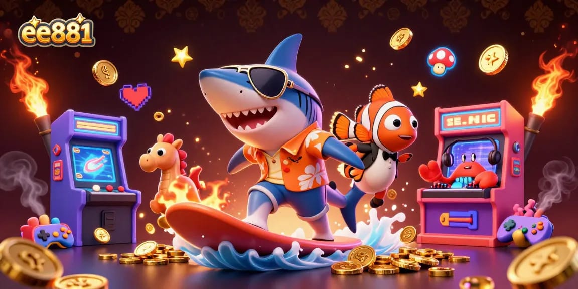 ee881 unleashes an exciting underwater casino adventure with characters surfing on gold coins.