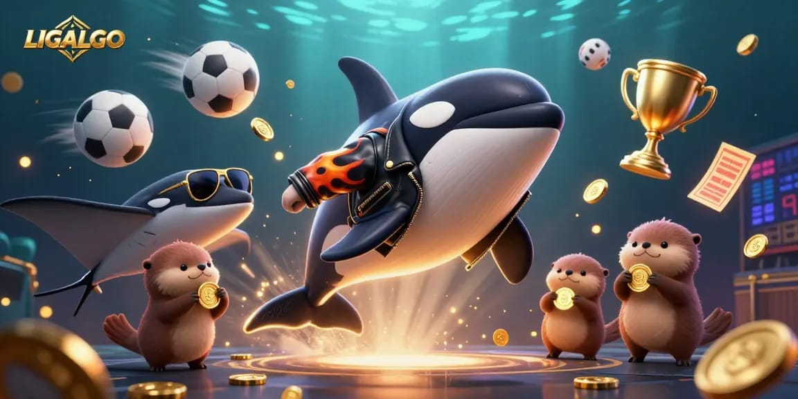 LIGALGO promotes vibrant casino games with an orca whale, stingray, and otters amidst dynamic gambling elements