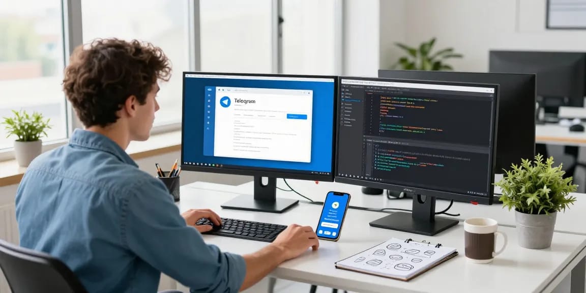 Experience Telegram下载 in a collaborative tech workspace with software development highlights.