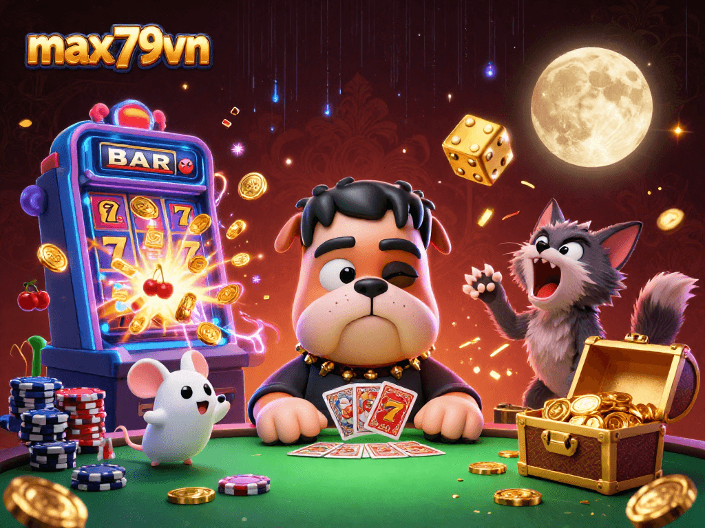 Engage in exciting gameplay at max79vn with vibrant 3D casino characters and dynamic slot elements.