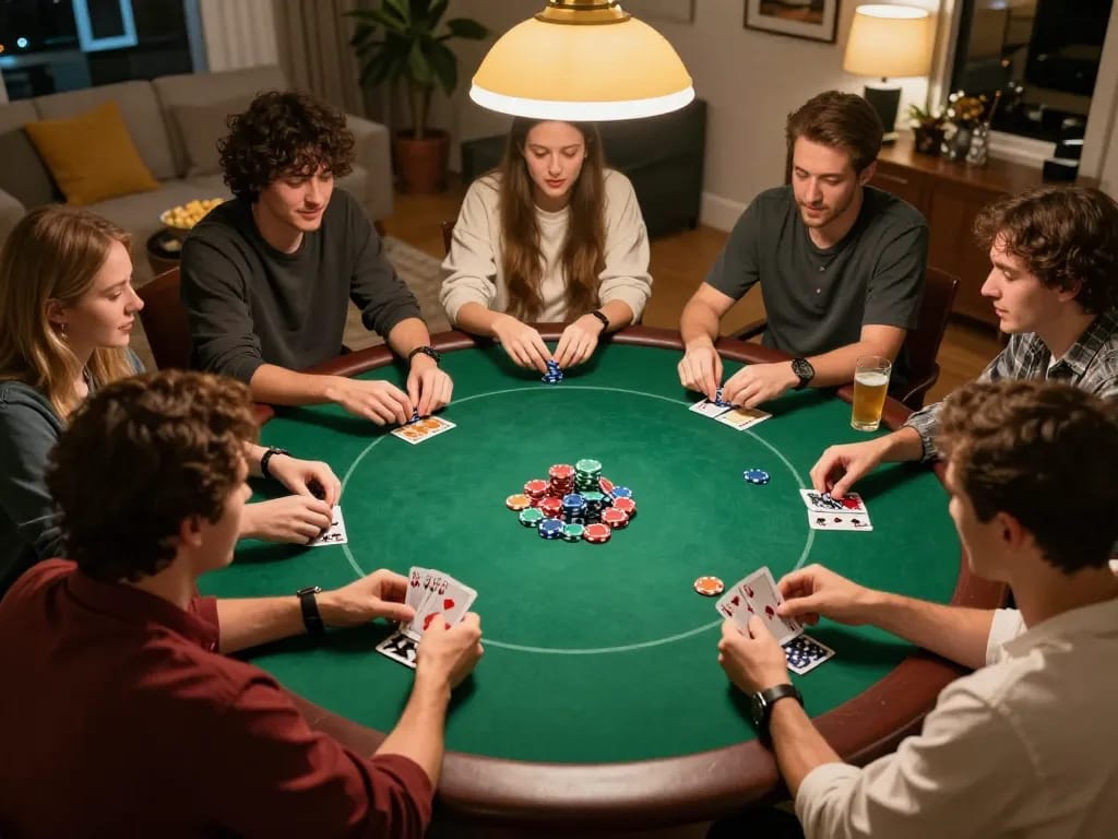 Friends engaging in a thrilling poker game at home, showcasing the excitement of taixiuonline8.