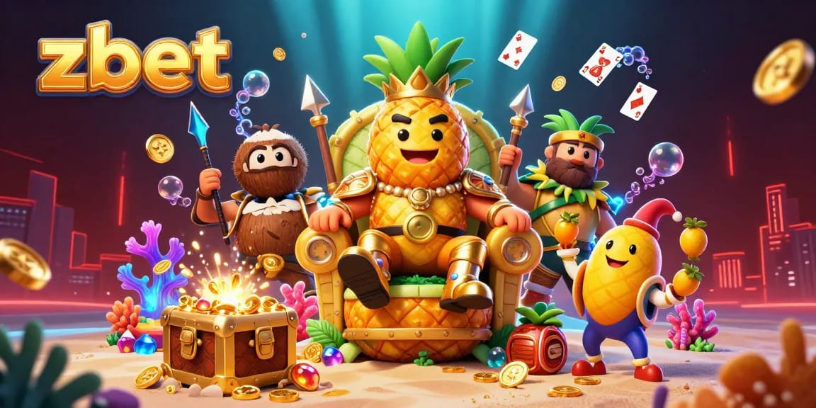 Zbet's vibrant casino scene features a golden pineapple king surrounded by treasure, jester, and bodyguards.