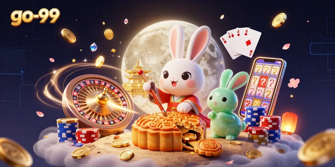 Experience the magic of go-99 with a moon rabbit bringing poker chips to life amidst cascading coins and colorful gems.