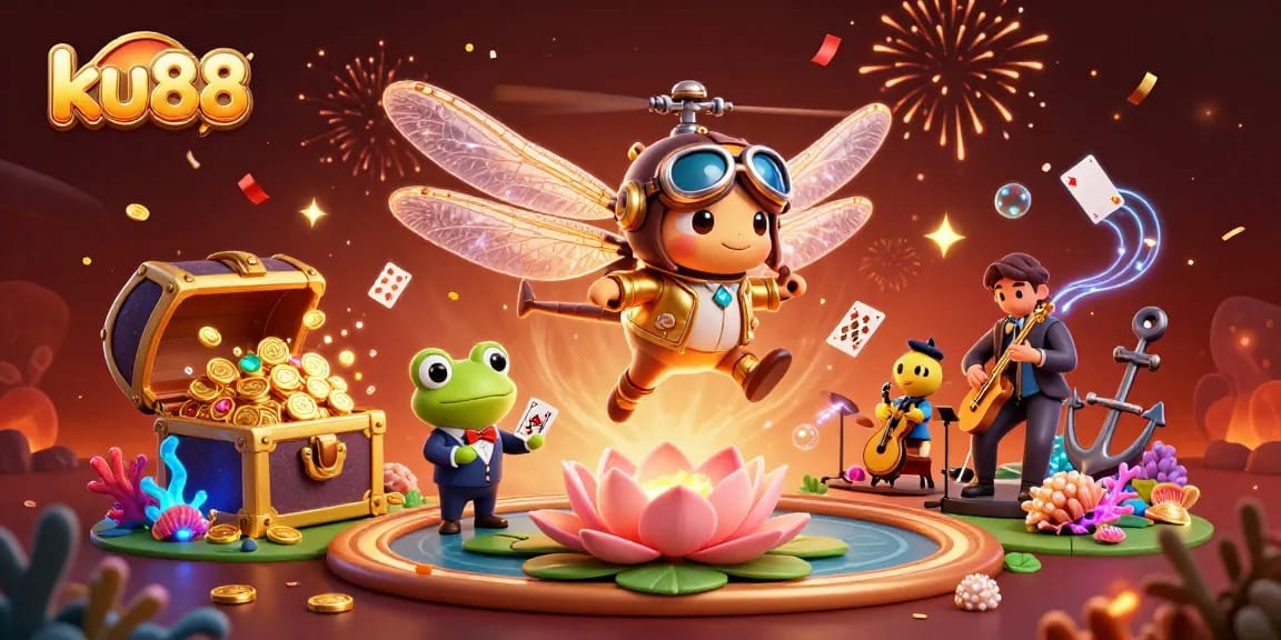Engage with ku88's vibrant casino scene featuring a dragonfly pilot, frog dealer, and jazz musicians.