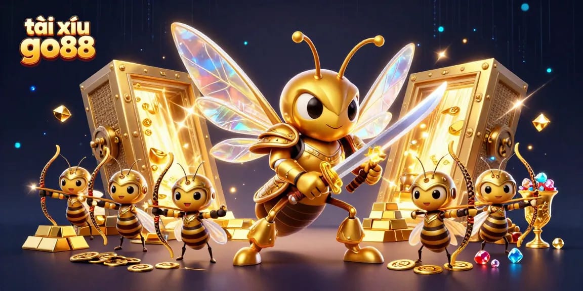 Engage in tài xỉu go88 with a vibrant illustration of samurai bees amid treasures.
