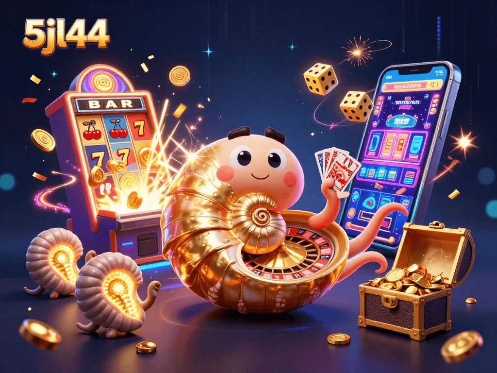 5jl44 showcases an ancient nautilus and ammonite in a vibrant casino scene, combining cards and a jackpot.