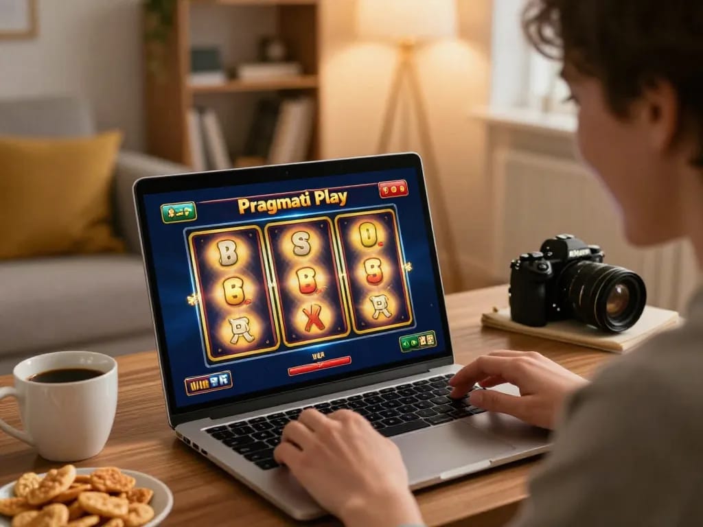 Engaged player enjoying Pragmati Play slots on laptop during a cozy home gaming session