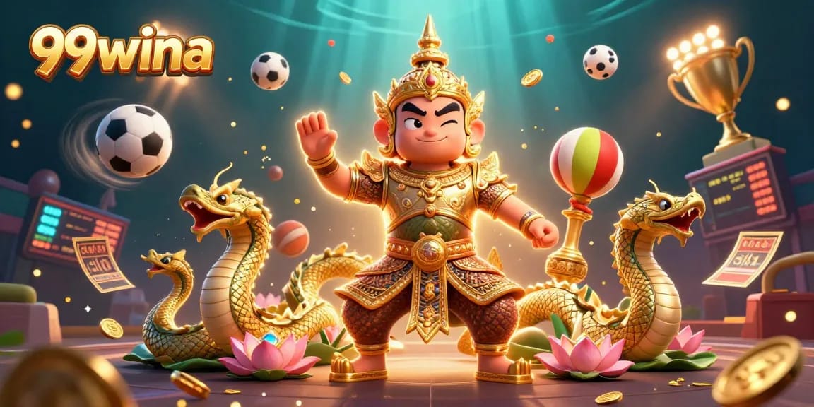 Experience thrilling wins with 99wina in this vibrant 3D casino illustration showcasing dynamic sports elements.