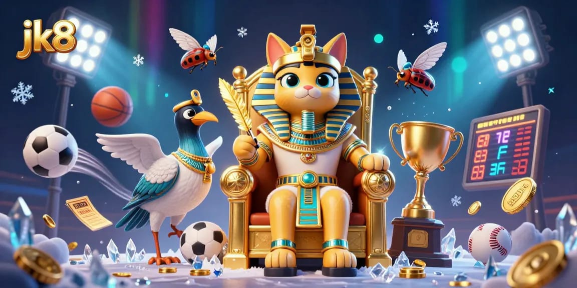 Experience thrilling gaming action with jk8 as the Egyptian pharaoh cat oversees dynamic sports betting elements.