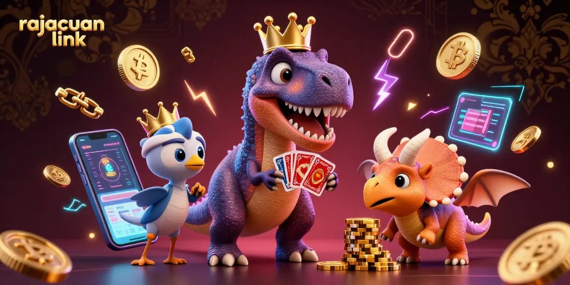 Play thrilling casino games with rajacuan link, featuring a T-Rex shuffling cards and crypto elements.
