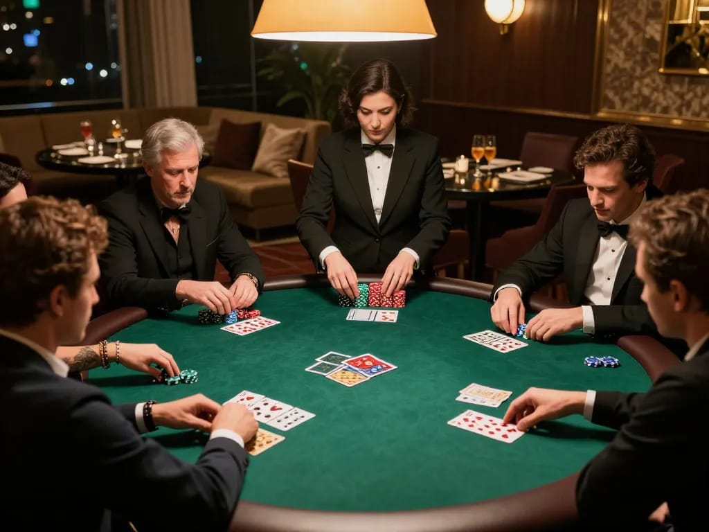 Các người chơi tham gia trò chơi poker chiến lược tại một sòng bạc KO66 sang trọng, thể hiện sự phấn khích của những ván cược cao