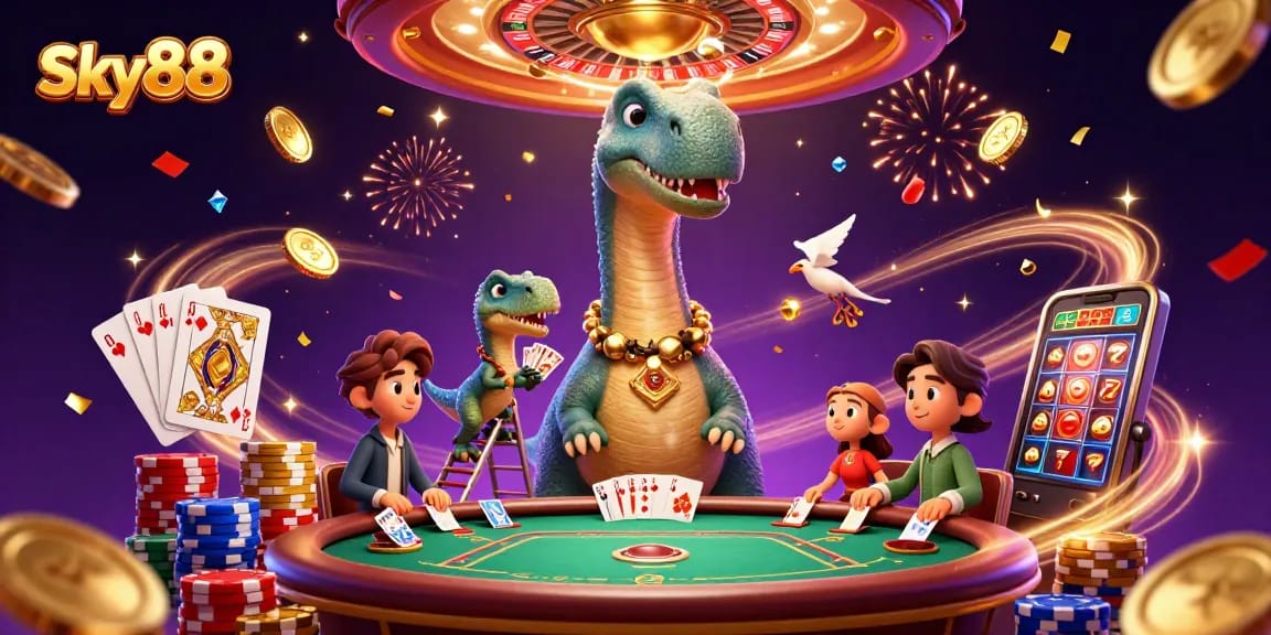 Sky88 offers thrilling gaming with a 3D brontosaurus and raptor at a vibrant casino table.