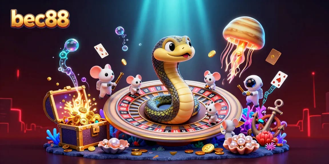 Engage with bec88's thrilling cosmic casino scene featuring vibrant characters in a dynamic gambling environment.