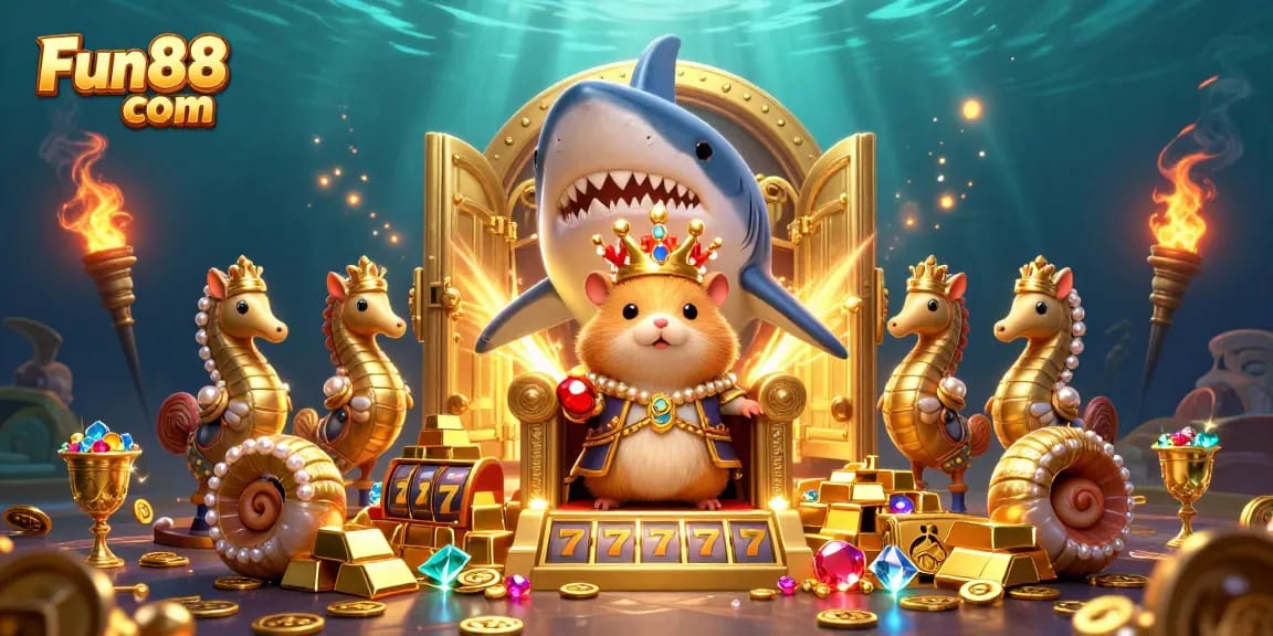 Playing slots at Fun88 com with the golden hamster king amidst treasures and seahorse guards