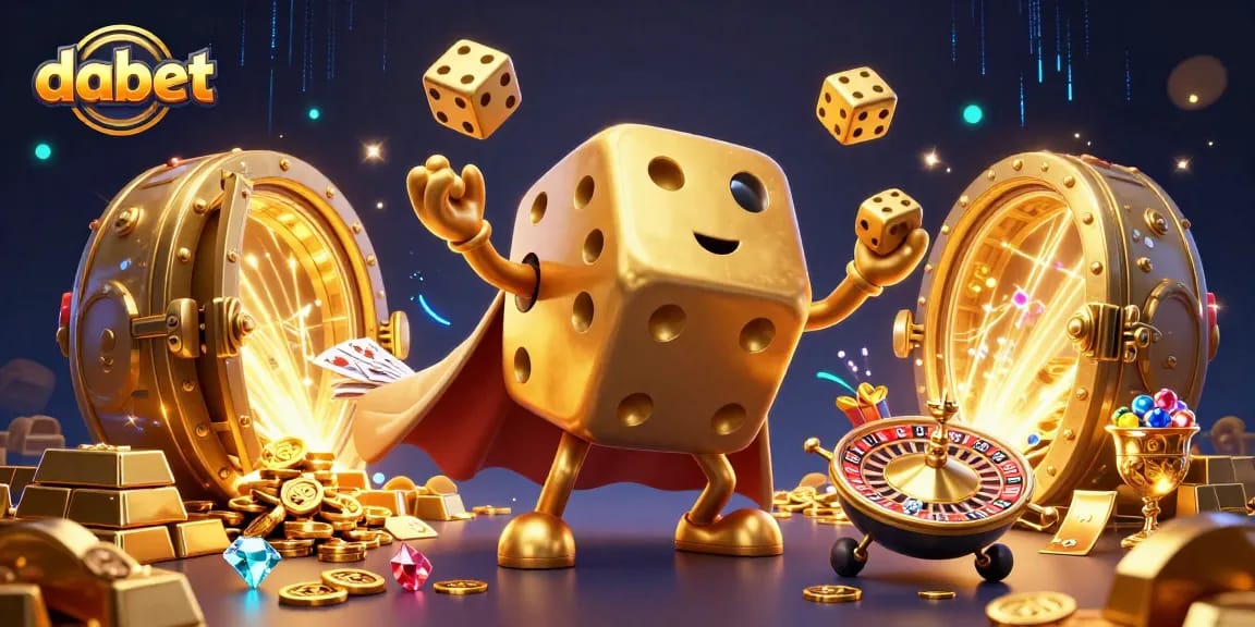 dabet showcases an exciting 3D illustration featuring a golden dice golem surrounded by treasure and casino elements.
