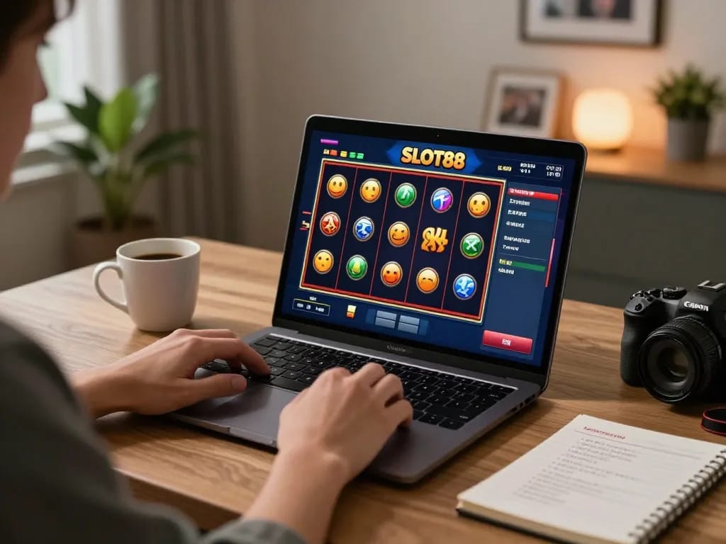 SLOT88 online gaming session with player focused on vibrant slot machine reels and strategy notebook.