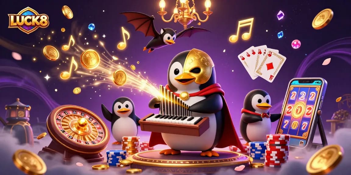Experience thrilling gameplay at LUCK8 with a captivating scene of a penguin organist and acrobatic bat.