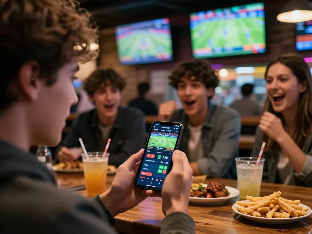 Person placing live bets on Bongdallu sportsbook app while watching games in a lively sports bar