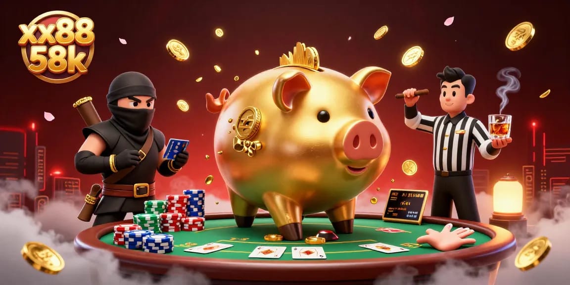 xx88 58k showcases a golden piggy bank sumo wrestler surrounded by vibrant poker elements in a casino scene.