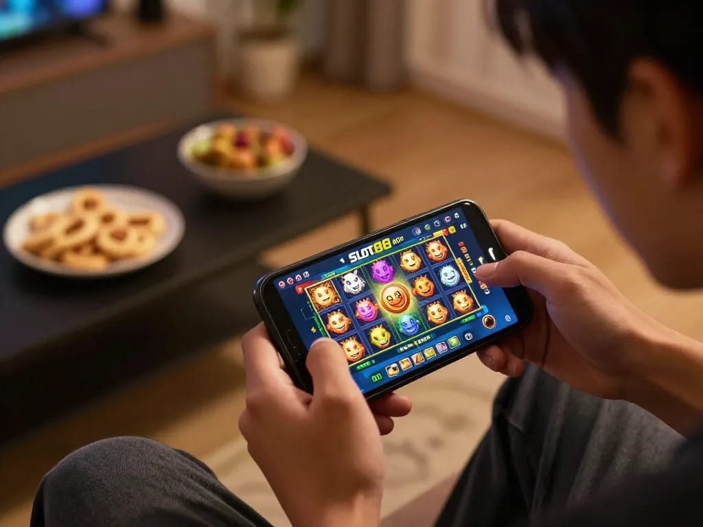 Engaging gameplay with slot88 apk on smartphone showcasing exciting slot games in cozy home environment.