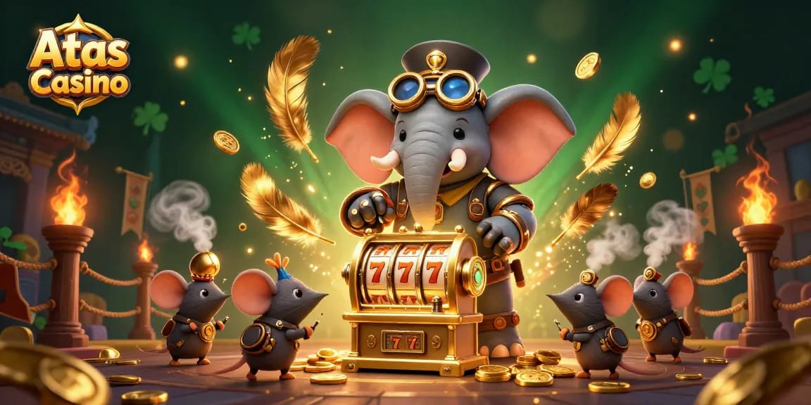 Experience exciting gameplay at Atas Casino with a dynamic scene featuring steampunk characters and slot machines.