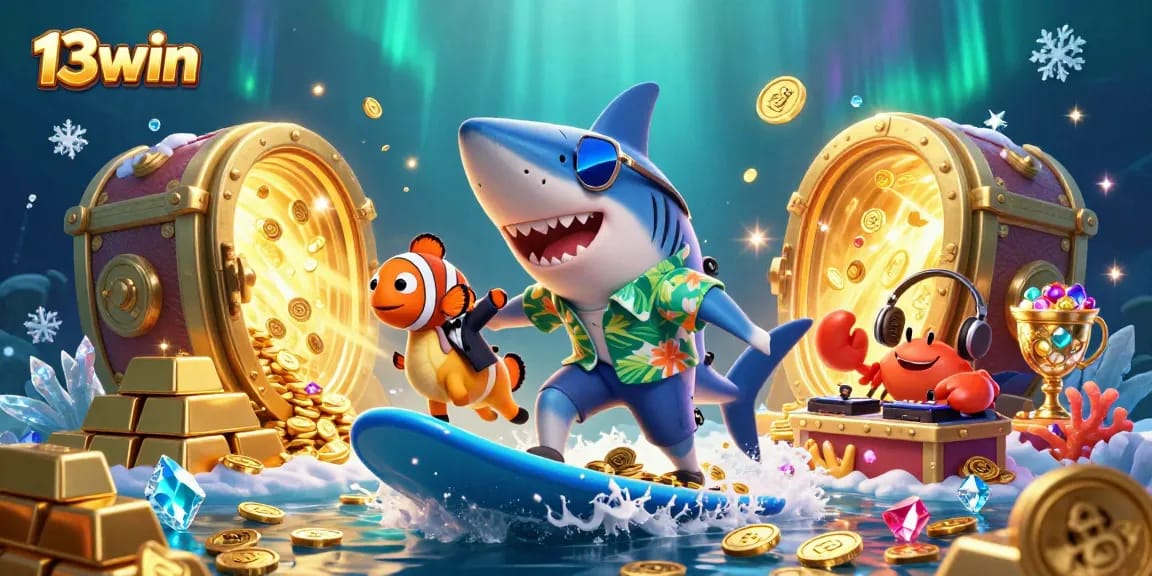 Surf the waves of fortune with 13win's vibrant casino illustration featuring a shark, seahorse, and crab DJ.
