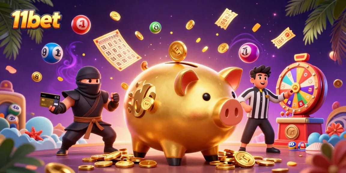 Engage with thrilling 11bet gameplay featuring a golden piggy bank, ninja, and samurai amidst vibrant lottery action.