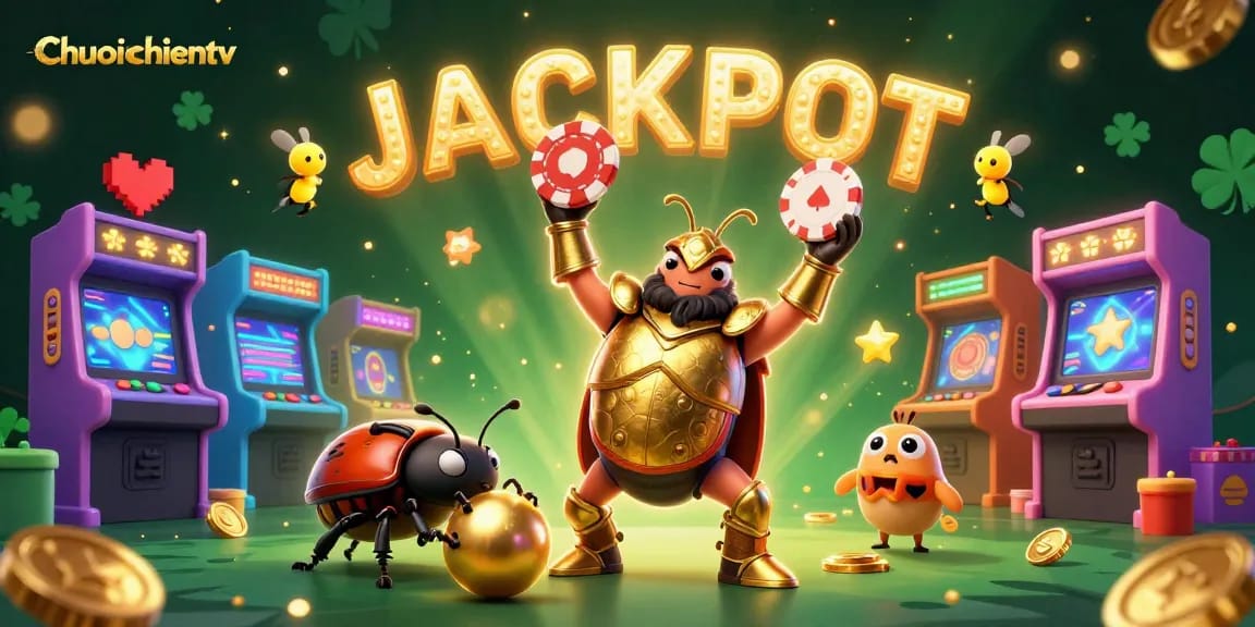 Engage with Chuoichientv's thrilling gaming adventure featuring a victorious beetle lifting a poker chip, surrounded by vibrant casino elements.