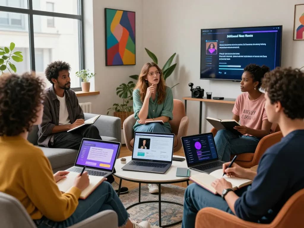 Group discussing ai sex trends in a modern urban workspace with digital devices and vibrant art.