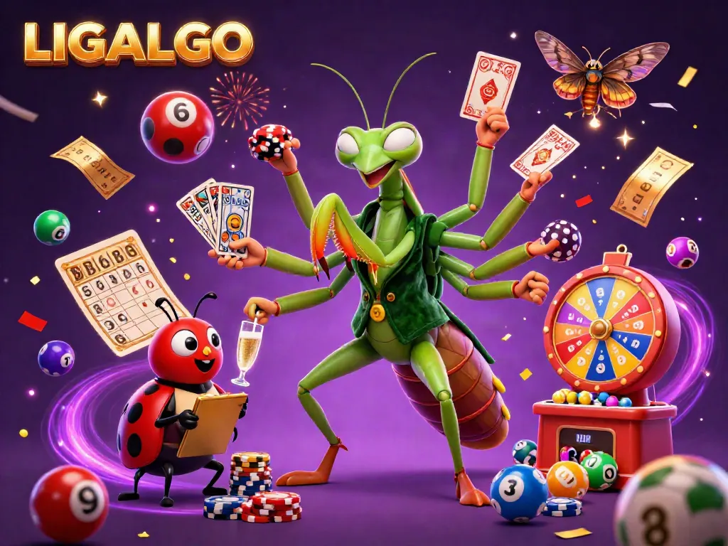 LIGALGO features a giant praying mantis card sharp and a ladybug pit boss in a vibrant casino scene.