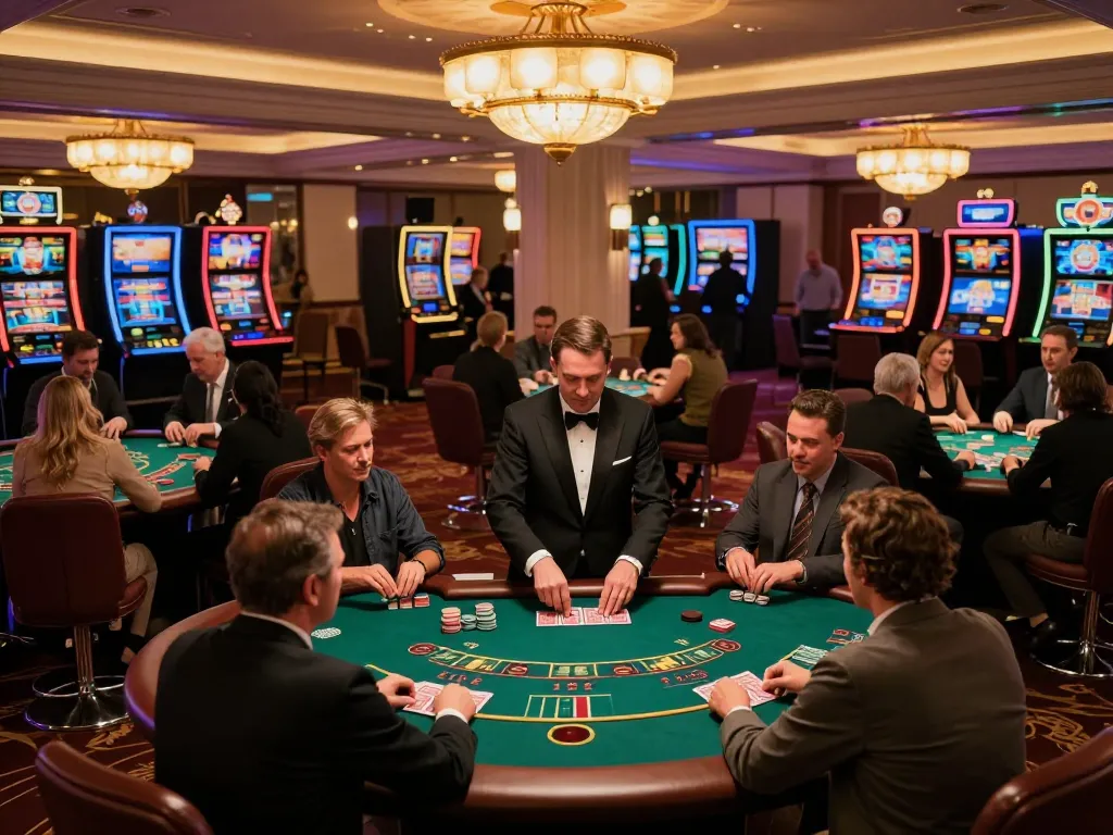 Experience Thương hiệu Bet88 in action at a lively casino, with engaged players and professional dealers creating a dynamic gaming atmosphere.