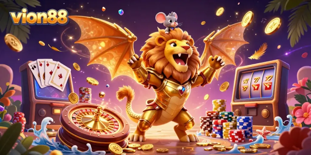 Engage with VION88 as golden coins and vibrant elements surround majestic creatures in a thrilling casino scene.