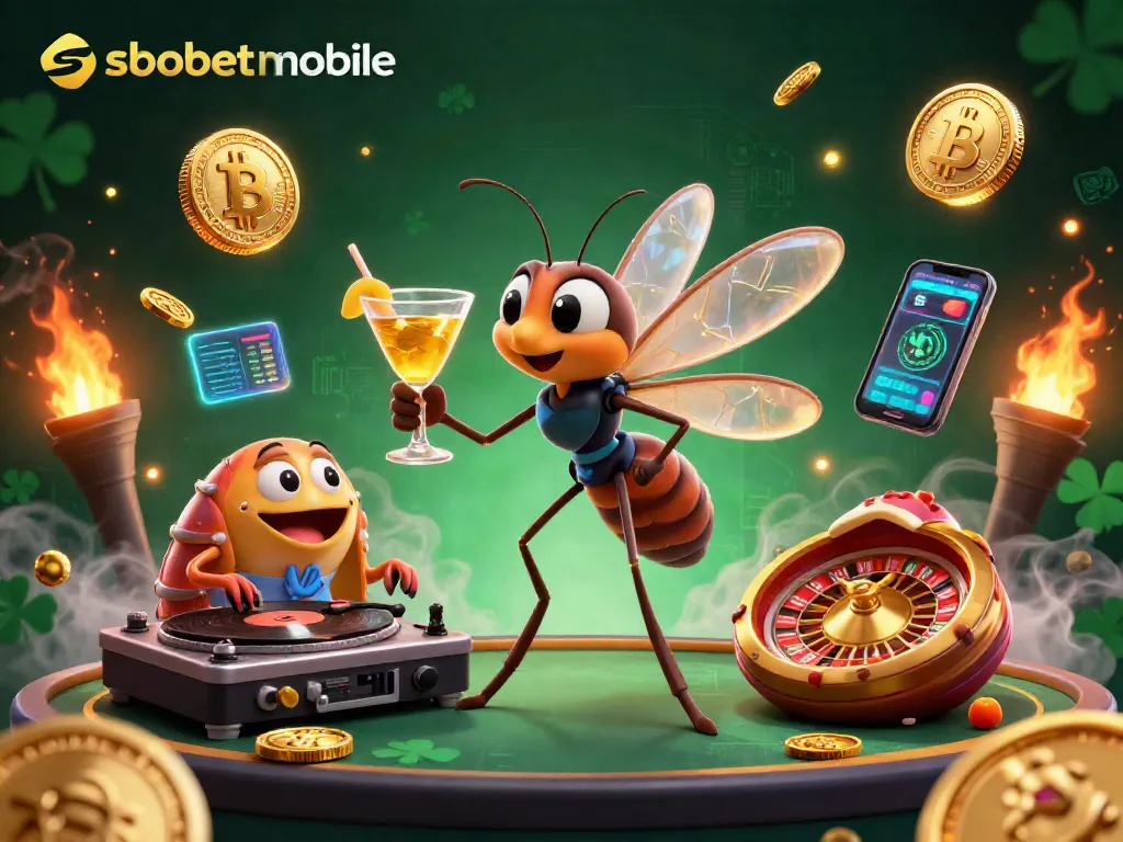 Experience exciting sbobet mobile gaming with a vibrant 3D illustration of casino elements and characters